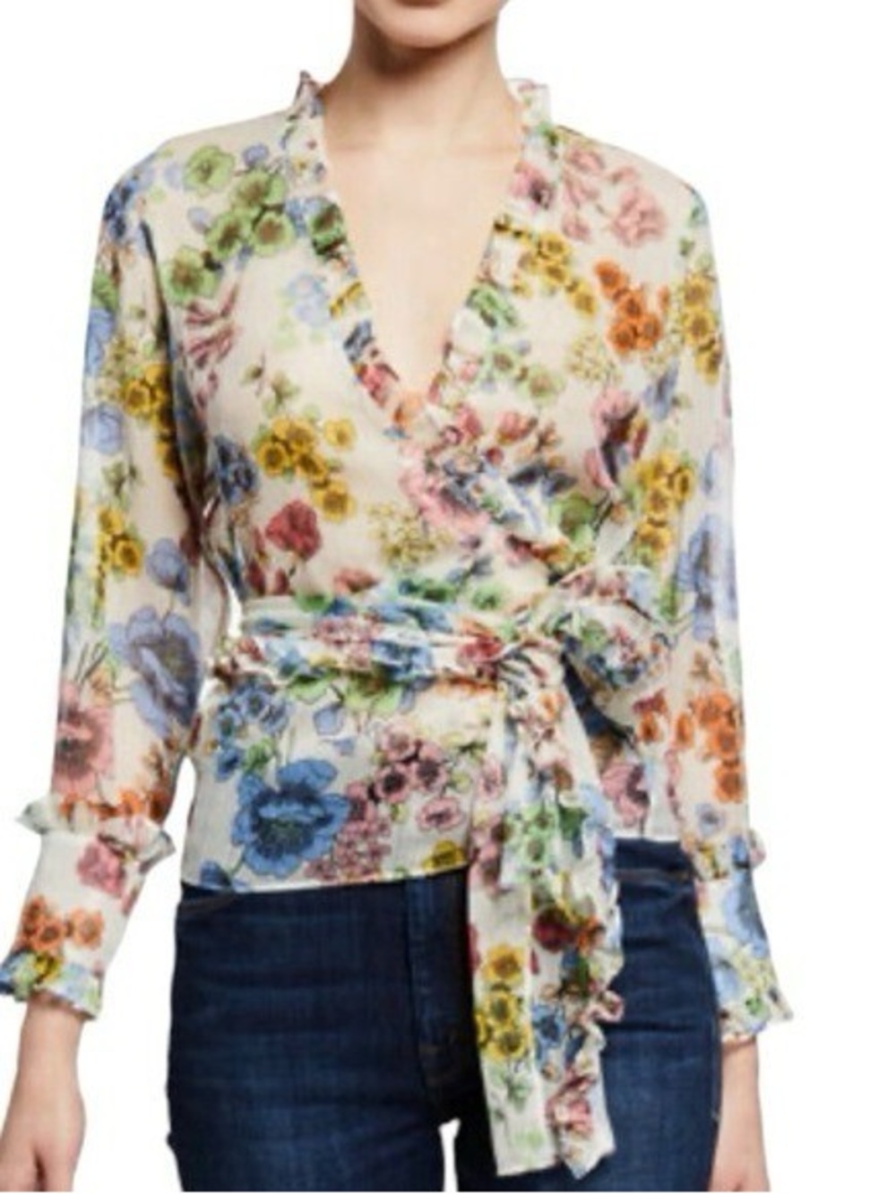 Alexis Floral Wrap Blouse in Cream with Blue, Green & Pink